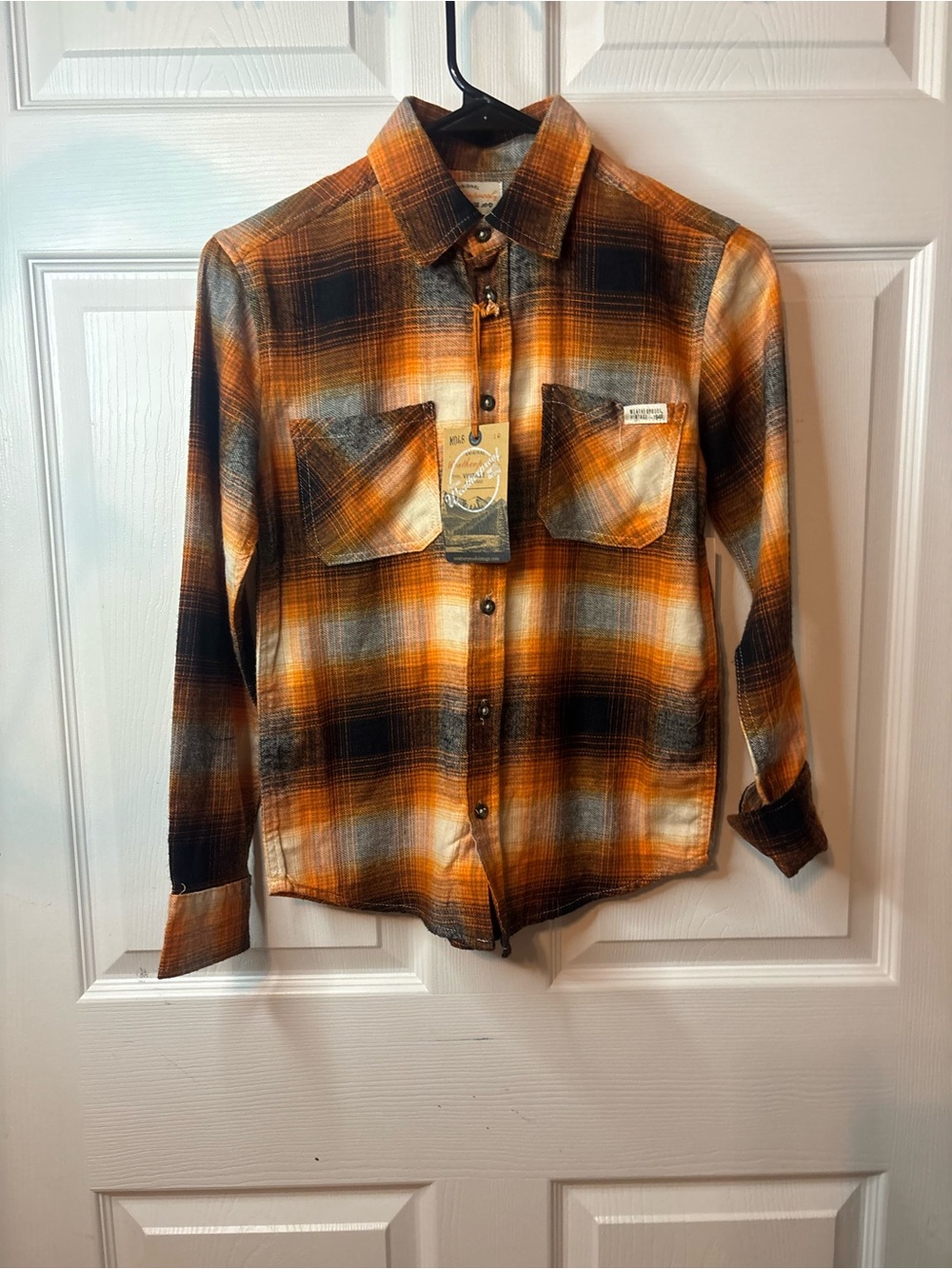 Weatherproof Boy’s Orange, Black & Cream Plaid Button-Down Shirt